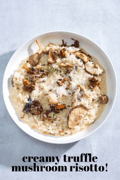 a white bowl filled with mushroom risoto