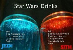 the star wars drinks are labeled in red, blue and green colors with instructions for how to drink them