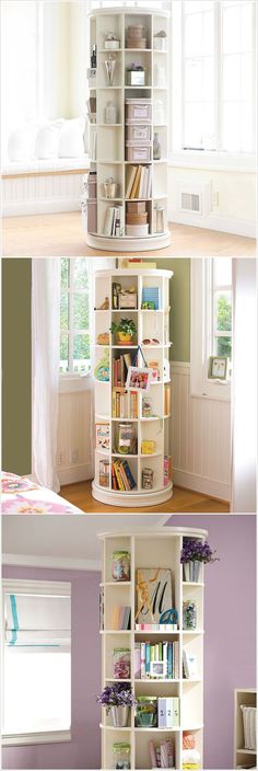 three different views of a book shelf with books on the top and bottom shelves below