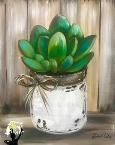 a painting of a mason jar filled with green tulips on top of a table