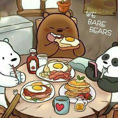 there are two bears eating breakfast at the table with eggs and bacon on it, while another bear is sitting in front of them