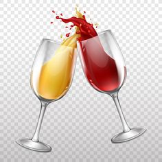 two wine glasses filled with red and yellow liquid on a transparent background - food objects objects