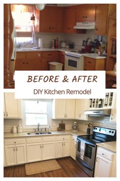 the kitchen remodel paint your cabinets like a pro is shown in two pictures