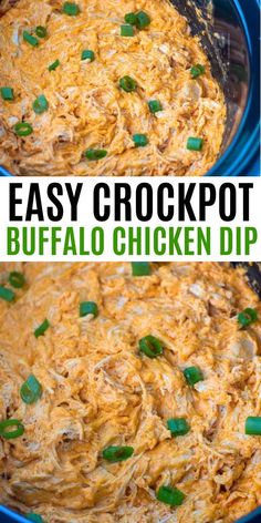 an easy crockpot buffalo chicken dip in a blue casserole dish with green onions