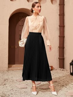 Black Elegant   Polyester Plain Pleated  Slight Stretch Spring/Summer/Fall Women Bottoms Luxury Elegant Skirt For Holidays, Luxury Elegant Pleated Skirt For Spring, Luxury Pleated Long Skirt, Chic Luxury Skirt For Day Out, Luxury Feminine Skirt For Fall, Black Fall Skirts, Luxury Chic High-waist Pleated Skirt, Luxury High-waist Chic Pleated Skirt, Luxury Elegant Holiday Skirt