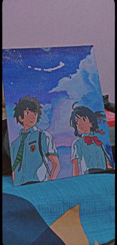 two anime characters standing next to each other in front of a blue sky with clouds