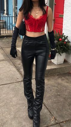 Red Corset Black Pants, Red Leather Corset Outfit, Leather Pants With Leather Jacket, Black And Red Leather Outfit, Red Corset Outfit Aesthetic, Red And Black Outfits Concert, Red Black Concert Outfit, Red Corset Outfit Ideas, Red And Black Concert Outfit Ideas