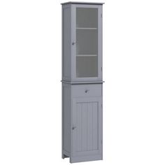 a tall gray cabinet with glass doors on the top and bottom shelf, in front of a white background