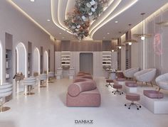 the interior of a beauty salon with pink and white furniture