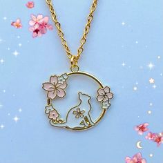 Cute Gold Jewelry With Flower Charm, Whimsical Gold Jewelry With Flower Charm, Whimsical Gold Metal Necklace, Kawaii Metal Jewelry For Gifts, Cute Cat Design Round Jewelry, Cute Cat Design Jewelry, Cute Gold Necklace With Flower Charm, Cute Round Cat Design Jewelry, Kawaii Metal Jewelry