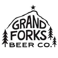 the grand forks beer co logo is shown in black and white, with pine trees around it