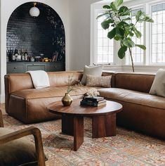 a living room filled with furniture and a potted plant