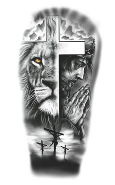 a tattoo with a lion and jesus on it's face, next to the cross