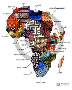 an african map with all the different colors and patterns on it, including words in each language