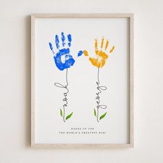 two handprints with the words happy on them in blue, yellow and orange