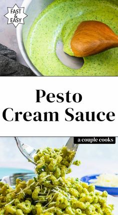 pesto cream sauce in a white bowl with a wooden spoon on the side and text overlay that reads pesto cream sauce