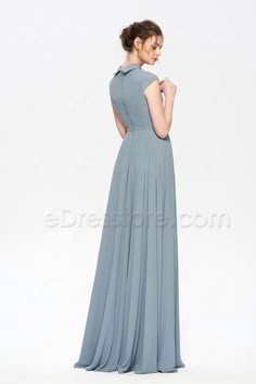 The dusty blue bridesmaid dress featuring turndown collor and decorations buttons, simple and elegant cut, A Line skirt with floor length. Dusty Blue Bridesmaid Dress, Dusty Blue Bridesmaid, Dusty Blue Bridesmaid Dresses, Frock Fashion, Blue Bridesmaid Dress, Blue Bridesmaid Dresses, Cap Dress, Blouse Design Models