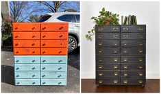 there are many drawers that have plants on top of them and one is painted orange, the other has blue