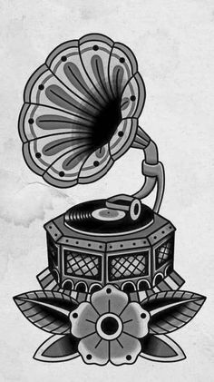 an old fashioned record player and flower tattoo design