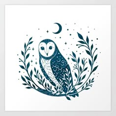 an owl sitting on top of a tree branch with stars and moon in the background