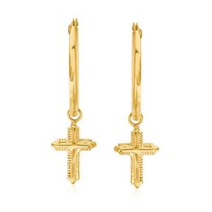 Ross-Simons - 14kt Yellow Gold Beaded Cross Hoop Drop Earrings. Charmed with beaded cross dangles, these basic hoops get a meaningful update. The perfect gift for a religious milestone or any other special occasion. Hanging length is 1". Snap-bar, 14kt yellow gold cross drop hoop earrings. Diamond Cross Earrings, Cross Earring, Cross Necklace Sideways, Hoop Drop Earrings, Earring Hoops, Drop Hoop Earrings, Earrings Ideas, Beaded Cross, Gold Cross Pendant