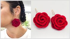 a woman wearing earrings made out of crochet yarn and red flower shaped beads