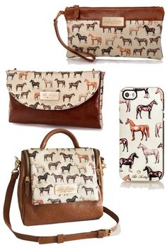 three different purses with horses on them, one is brown and the other is white