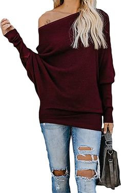 EXLURA Women's Off Shoulder Batwing Sleeve Ribbed Shirt Loose Pullover Tops Burgandy at Amazon Women’s Clothing store Shearling Vest, Ribbed Shirt, Off Shoulder Sweater, Gowns With Sleeves, Shoulder Shirts, Online Tops, Batwing Sleeve