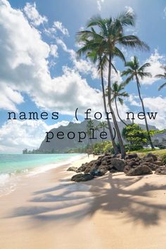 a beach with palm trees and the words names for new people