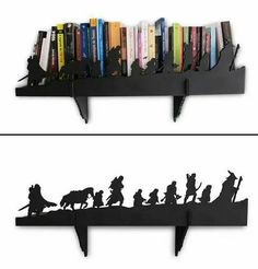 two bookshelves with silhouettes of people and animals in front of each other