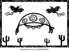 a black and white drawing of a cowboy hat with two birds flying over the top