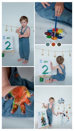 a collage of photos shows a child playing with his toys and painting on the wall