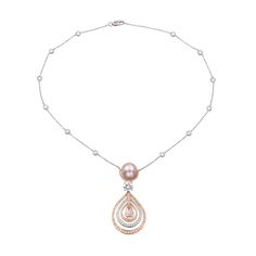 Pearl and diamond necklace by Graff. Suspended on the diamond by yard necklece set with 12 round brilliant cut diamonds, clolor: E/F, clarity:VS+, total weight: 1.41ct, centerpiece set with the pink round pearl 11mm, surrounded by pink diamonds, underneath 1.20ct round brilliant cut diamond, color: F, clarity: VS2, GIA#xxxxxxxxxx,and concentric tear drops made in platinum and 18k rose gold diamond, pave set with 149 round brilliant cut diamonds, 39 white diamonds total weight 0.36ct, and 110 pin Graff Pink Diamond, Diamond And Pearl Necklace, Graff Jewelry, Graff Diamonds, Vintage Pendant Necklace, Pearl And Diamond Necklace, Pink Diamonds, Tear Drops, Pink Round