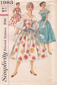 This vintage Simplicity sewing pattern was designed in 1957. It makes a dress with a fitted bodice, spaghetti straps and a full skirt, an overdress with a wide collar and a full skirt and a cummerbund. Size 18: Bust 38   ---   Waist 30   ---   Hip 40. The pattern has been neatly used and is complete including instructions. The envelope is in good vintage condition. To see more vintage dress patterns: https://www.etsy.com/shop/studioGpatterns?section_id=6940891 To visit my shop: https://www.etsy.com/shop/studioGpatterns 50s Clothing, 60s Vintage Fashion, Vintage Clothes Patterns, 50s Outfits, Vintage Fashion 1950s, Fur Coat Vintage, Vintage Dress Patterns, 1950s Style