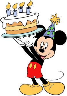 mickey mouse holding a birthday cake with candles on it