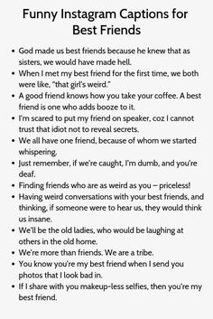 a poem with the words funny instagram captions for best friends on white background