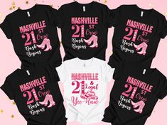 "Celebrate your 21st birthday in style with this awesome matching Nashville birthday squad shirts! High Quality group shirts that will make you and your friends stand out in the crowd! Perfect for wearing on girls trip away! * 100% combed and ring-spun cotton * Fabric weight: 4.2 oz/yd² (142 g/m²) * Pre-shrunk fabric * Side-seamed construction * Shoulder-to-shoulder taping  (Please note the listing is for ONE t-shirt only) \"21 & Legal\" T-shirt comes in WHITE All \"21st Crew\" shirts come in BLACK --- HOW TO ORDER --- 1. Select the Design that you prefer for the shirt. 2. Select the Size that you require. 3. Click the \"Add To Cart' Button - If ordering multiples you will need to repeat steps 1-3, clicking on the thumbnail or the title to go back to the listing. 4. When you have added to 21st Birthday Crew Shirts, Cute 21st Birthday Outfits, Nashville 21st Birthday, Birthday Crew Shirts, Nashville Birthday, 21st Birthday Shirt, Birthday Squad Shirts, 21st Birthday Outfits, Turning 21