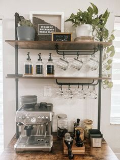 the coffee bar is organized and ready for customers to use