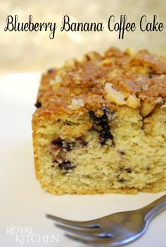 a piece of blueberry banana coffee cake on a plate with a fork