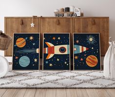 there are three pictures on the wall next to each other with space and stars in them