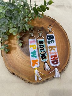 three keychains with the words be kind on them sitting next to a potted plant