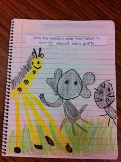 a child's drawing of an elephant, giraffe and zebra on lined paper