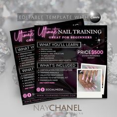 three flyers for nail training with diamonds on the back and pink, black and white design