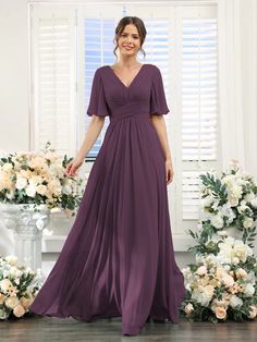 A-Line V-Neck Half Sleeves Split Side Chiffon Bridesmaid Dresses With -Lavetir Short Sleeve Bridesmaid Dress, Dresses With Pockets, Chiffon Bridesmaid Dresses, Party Dresses Online, Formal Party Dress, Chiffon Bridesmaid Dress, Butterfly Sleeves, Formal Party, Chiffon Bridesmaid