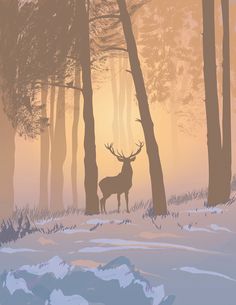 a deer standing in the middle of a forest with trees and snow on the ground