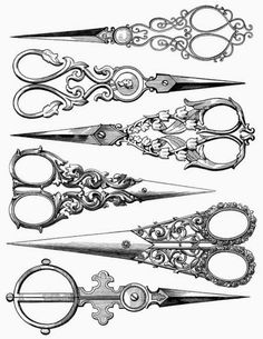 an old fashioned set of scissors with ornate designs on the handles and sides, vintage line drawing or engraving illustration