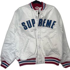 White Hooded Varsity Jacket With Ribbed Cuffs, Winter White Varsity Jacket With Ribbed Cuffs, Casual White Varsity Jacket For Winter, White Hooded Varsity Outerwear, White Hooded Varsity Jacket For Fall, White Sporty Hooded Varsity Jacket, White Long Sleeve Varsity Jacket For Fall, White Varsity Long Sleeve Outerwear, White Varsity Winter Outerwear