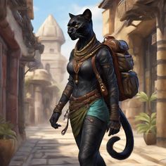 a black cat walking down a street with a backpack on it's back and its tail curled up