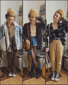 Outfits With Brown Plaid Pants, Boho Artsy Outfit, Lumineers Aesthetic Outfit, 90s Grunge Outfit Inspiration, Hipster Capsule Wardrobe, Granola Alternative Style, Large Flannel Outfit, Creative Style Personality Outfits, Alternative Fashion For Women Over 30