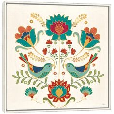 an embroidered design with two birds and flowers on it's side, in white background